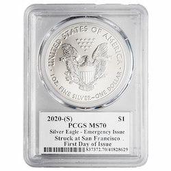 2020-(S) PCGS MS-70 First Day of Issue 1 oz American Silver Eagle Emergency Production - Struck At San Francisco Mint