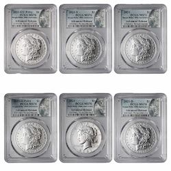2021 PCGS MS-70 Advance Releases Morgan and Peace Dollar Silver 6-Coin Set - Morgan and Peace Labels