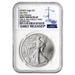 2024-(P) NGC MS-69 Star Privy 1 oz American Silver Eagle Coin Mint Error Obverse and Reverse Struck Thru