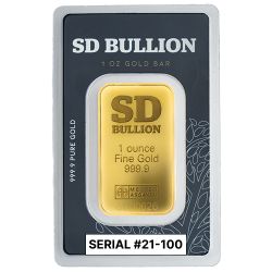Serial #21-100 - 1 oz SD Bullion Cross and Flag Gold Bar