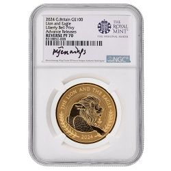 2024 NGC PF-70 Advanced Releases 1 oz British The Lion and The Eagle Reverse Proof Gold Coin with Liberty Bell Privy Mark