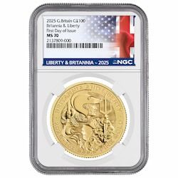 2025 NGC MS-70 First Day of Issue 1 oz British Gold Britannia and Liberty Coin