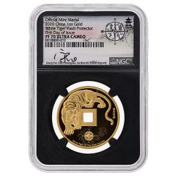 2020 NGC PF-70 First Day of Issue 1 oz Chinese White Tiger Vault Protector Gold Medal - Song Fei Signature, Black Core