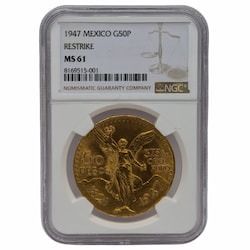 1947 NGC MS-61 Mexican 50 Pesos Gold Coin (Restrike)