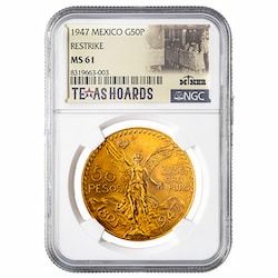 1947 NGC MS-61 Mexican 50 Pesos Gold Coin (Restrike) - Texas Miner Hoard