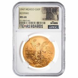 1947 NGC MS-68 Mexican 50 Pesos Gold Coin (Restrike) - Texas Miner Hoard