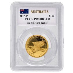 2015-P PCGS PR-70 1 oz Australian Wedge-Tailed Eagle High Relief Proof Gold Coin - John Mercanti Label
