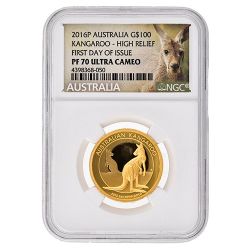2016-P NGC PF-70 1 oz Australian Kangaroo High Relief Proof Gold Coin - Kangaroo Label