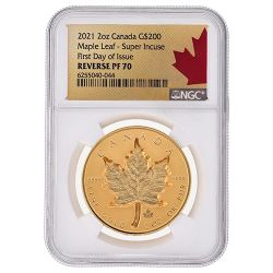 2021 NGC PF-70 First Day of Issue 2 oz Canadian Maple Leaf Super Incuse Reverse Proof Gold Coin