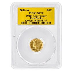 2016-W PCGS SP-70 1/10 oz Mercury Dime Centennial Gold Coin - Gold Foil Label