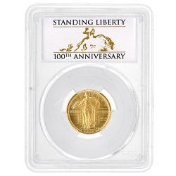 2016-W PCGS SP-70 1/4 oz Standing Liberty Gold Quarter Dollar Coin - 100th Anniversary Label