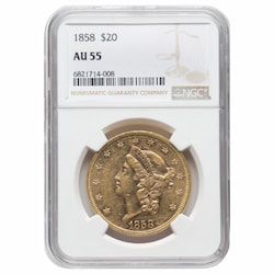 1858 NGC AU-55 $20 Liberty Double Eagle Gold Coin