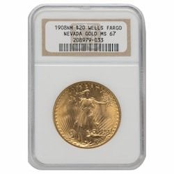 1908 NGC MS-67 $20 St. Gaudens Double Eagle Gold Coin - No Motto - Wells Fargo Nevada Gold Hoard Label