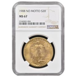 1908 NGC MS-67 $20 St. Gaudens Double Eagle Gold Coin - No Motto