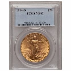 1914-D PCGS MS-62 $20 St. Gaudens Double Eagle Gold Coin 