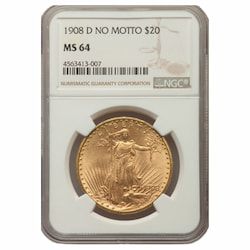 1908-D NGC MS-63 $20 St. Gauden Double Eagle Gold Coin No Motto