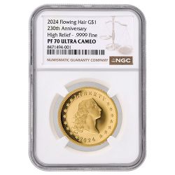 2024 NGC PF-70 1 oz US 230th Anniversary Flowing Hair High Relief Proof Gold Coin