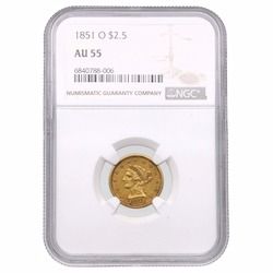 1851-O NGC AU-55 US $2.50 Liberty Quarter Eagle Gold Coin