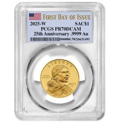2025-W PCGS PR-70 First Day of Issue 1/2 oz 25th Anniversary Sacagawea Dollar 24k Proof Gold Coin
