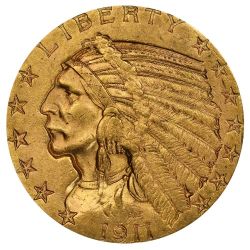 1911-S $5 Indian Half Eagle Gold Coin - BU