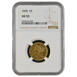 1868 NGC AU-55 $5 Liberty Half Eagle Gold Coin