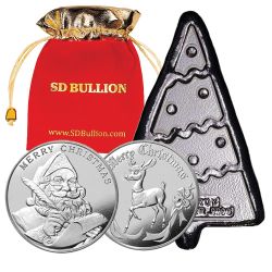 10 oz Christmas Tree Silver Bar + 2 Holiday Silver Rounds + Velvet Bag Bundle