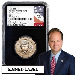 2026-P US Trump Dollar NGC MS-68 FDOI Paul Hollis Signed - Black Core
