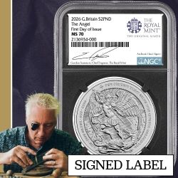 2026 NGC MS-70 First Day of Issue 1 oz British Angel Silver Coin - Gordon Summers Label