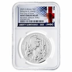2025 NGC MS-69 First Day of Issue 1 oz British Silver Britannia and Liberty Coin - Mint Error