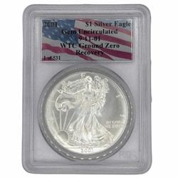 2001 PCGS GEM Uncirculated 1 oz American Silver Eagle Coin - Ground Zero Recovery Label