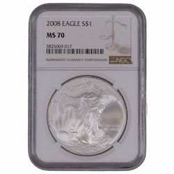 2008 NGC MS-70 1 oz American Silver Eagle Coin - Brown Label