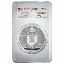 2010 PCGS MS-69 PL First Strikes 5 oz America The Beautiful Hot Springs Silver Coin - John Mercanti Label