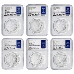 2021 NGC MS-70 First Day of Issue Morgan and Peace Dollar Silver 6-Coin Set - Joel Iskowitz Labels
