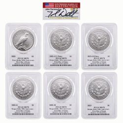 2021 PCGS MS-70 First Day of Issue Morgan and Peace Dollar Silver 6-Coin Set - John Dannreuther Labels