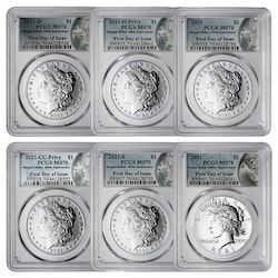 2021 PCGS MS-70 First Day of Issue Morgan and Peace Dollar Silver 6-Coin Set - Morgan and Peace Labels