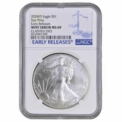 2024-(P) NGC MS-69 Early Releases Star Privy 1 oz American Silver Eagle Coin Mint Error Clashed Dies