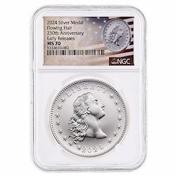 2024 NGC MS-70 Early Releases 1 oz US 230th Anniversary Flowing Hair Silver Medal - Flowing Hair Label