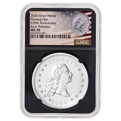 2024 NGC MS-70 Early Releases 1 oz US 230th Anniversary Flowing Hair Silver Medal - Flowing Hair Label - Black Core