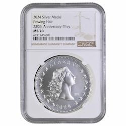 2024 NGC MS-70 1 oz US 230th Anniversary Flowing Hair Silver Medal with Privy Mark - Brown Label
