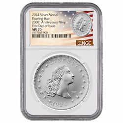 2024 NGC MS-70 First Day of Issue 1 oz US 230th Anniversary Flowing Hair Silver Medal with 230 Privy Mark - Flowing Hair Label