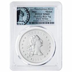 2024 PCGS MS-69 First Strike 1 oz US 230th Anniversary Flowing Hair Silver Medal with Privy Mark - Flowing Hair Label