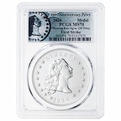 2024 PCGS MS-70 First Strike 1 oz US 230th Anniversary Flowing Hair Silver Medal with Privy Mark - Flowing Hair Label