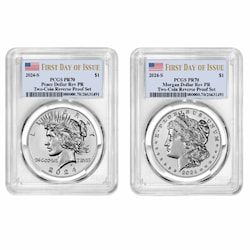 2024-S PCGS PR-70 First Day of Issue Morgan & Peace Dollar Reverse Proof Silver 2-Coin Set