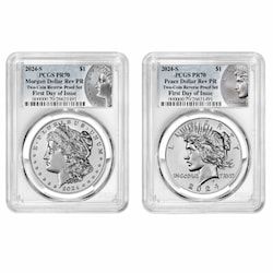 2024-S PCGS PR-70 First Day of Issue Morgan & Peace Dollar Reverse Proof Silver 2-Coin Set - Morgan & Peace Labels