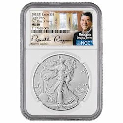 2025-(P) NGC MS-70 First Day of Issue Eagle Privy 1 oz American Silver Eagle Coin - Exclusive Reagan Label
