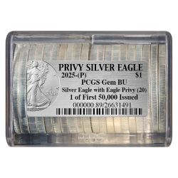 2025-(P) PCGS Gem BU One of First 50,000 Issued Eagle Privy 1 oz American Silver Eagle Coin - Tube of 20