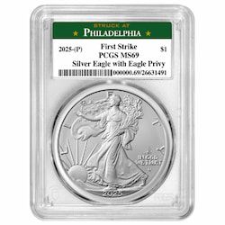 2025-(P) PCGS MS-69 First Strike Eagle Privy 1 oz American Silver Eagle Coin - Philadelphia Label