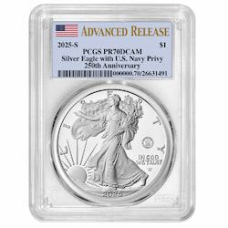 2025-S PCGS PR-70 Advanced Releases 250th US Navy Anniversary Privy 1 oz American Silver Eagle Proof Coin