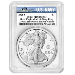 2025-S PCGS PR-70 First Day of Issue 250th US Navy Anniversary Privy 1 oz American Silver Eagle Proof Coin - Navy Label