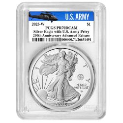 2025-W PCGS PR-70 Advanced Releases US Army Privy 1 oz American Silver Eagle Proof Coin - Army Label